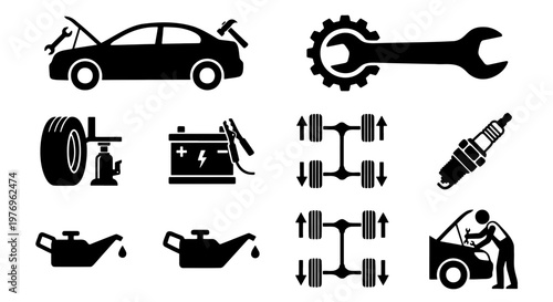 Car repair service icons, auto mechanic tools set, vehicle maintenance vector