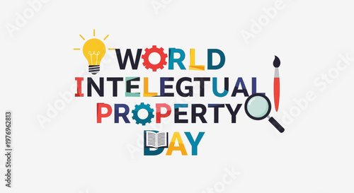 World Intellectual Property Day Banner with Lightbulb, Paintbrush, and Magnifying Glass Icons on Bright Studio Background, Global Innovation and Creative Discovery