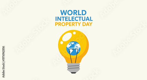 World Intellectual Property Day Text with Global Lightbulb Icon on Bright Studio Background, International Innovation and Intellectual Rights Concept