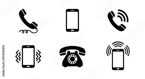 Telephone icon set, 6 black phone symbols, mobile and landline vectors