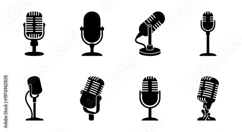 Vintage microphone icons, 8 retro podcast mic silhouettes, vector set