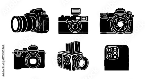 Camera icon set, 6 photography equipment vectors, digital and film cameras