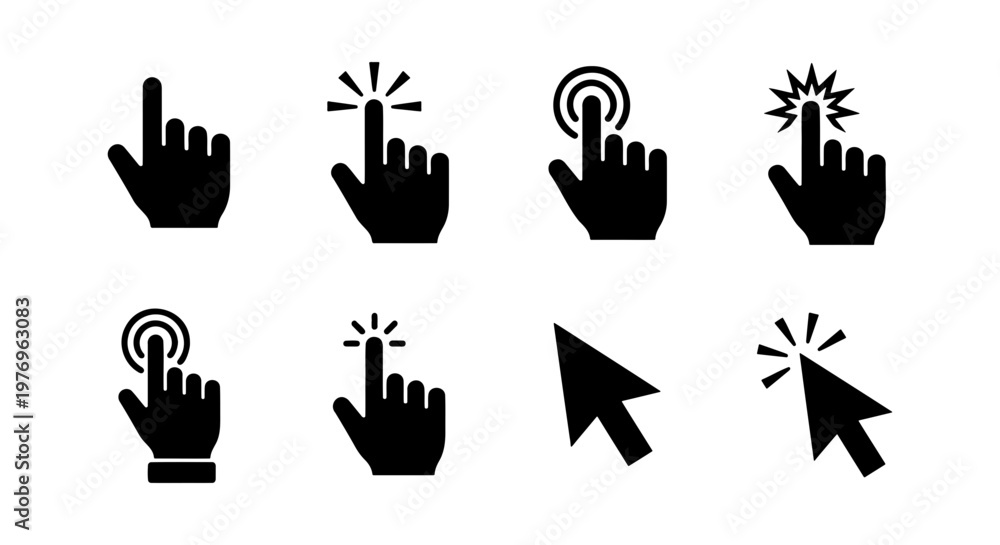 Fototapeta premium Black cursor icons, hand pointer and arrow clicker set, 8 vector elements