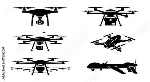 Drone silhouette icons, 6 flying uav vector set, delivery and camera drones