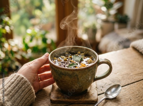A hand holds a steaming mug of colorful tea on a wooden table by a sunny window with blurred plants in the background.