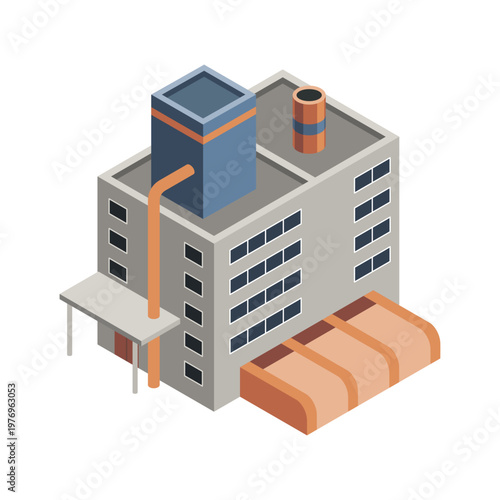 Factory isometric. Industrial bulding. Concept of industrial plant with chimney tower. 3d isolated icon. Architecture of manufacture house. Vector cartoon illustration