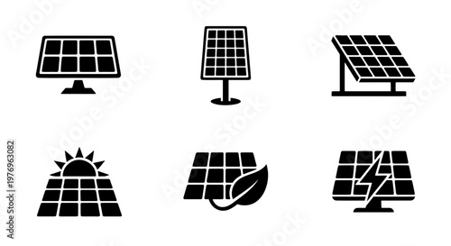 Solar panel icon set, renewable energy vectors, black sun power symbols