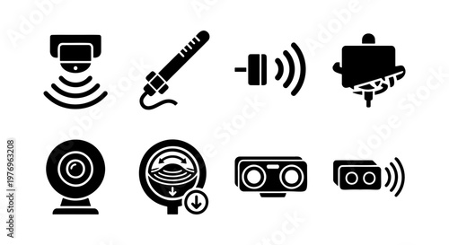 Security sensor icons set, 8 motion detector vectors, surveillance symbols