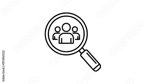 Minimal magnifying glass people search icon recruitment focus line art black and white vector illustration isolated on white