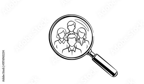 Creative magnifying glass focusing people group recruitment concept black and white vector illustration isolated on white background