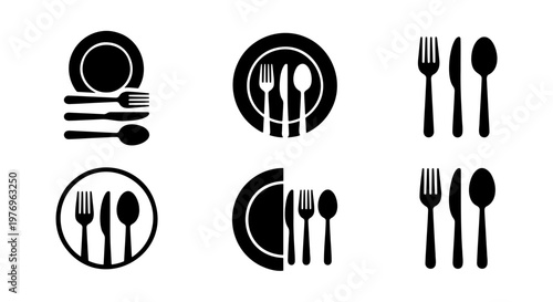 Minimalist cutlery icons, restaurant plate and silverware vector set