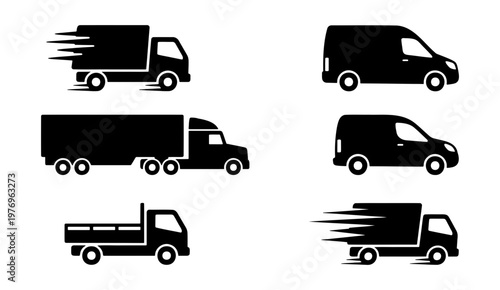 Delivery truck icons, 6 shipping van silhouettes, fast transport vectors