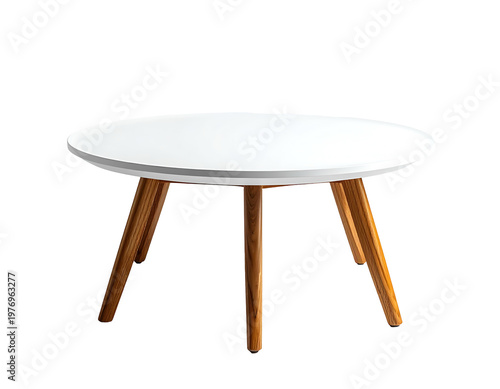 Round white tabletop on angled wooden legs