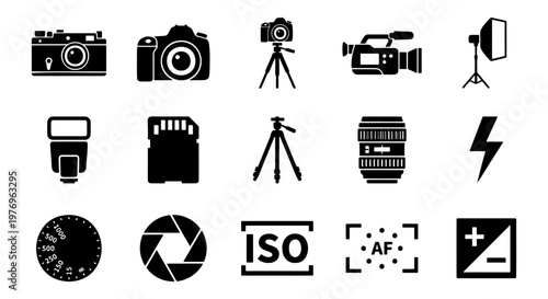 Photography equipment icons, 15 camera gear vector set, studio tools