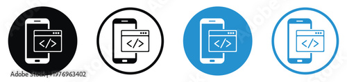 Smartphone icon with "APP" text and hammer/wrench tools. Symbolizes mobile app development, technical support, software maintenance, and digital repair services in four color styles.
