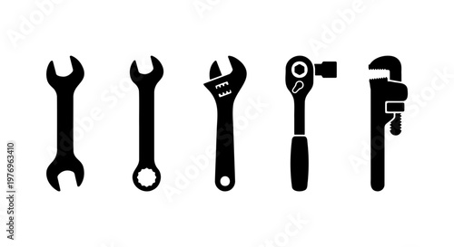 Industrial wrench icons set, black mechanic tool vector, repair equipment