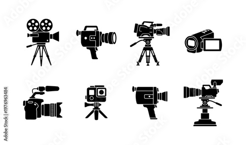 Professional video camera icons, 8 movie equipment vectors, film production set