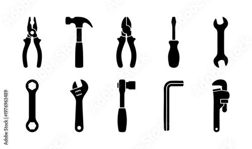 Industrial hand tools icon set, 10 black vector silhouettes, repair equipment