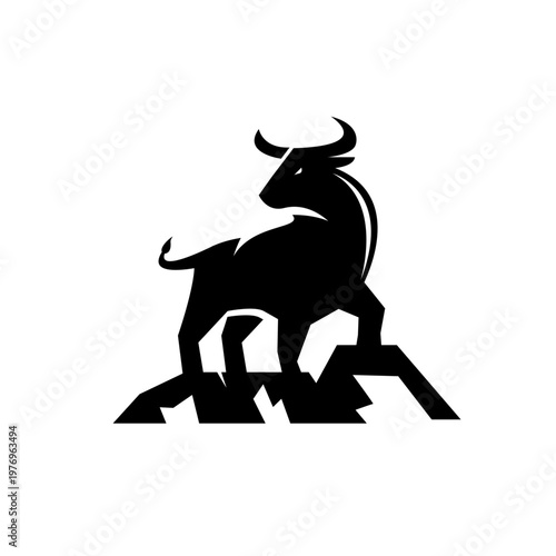 Black Bull Silhouette Logo Standing on Mountain Peak