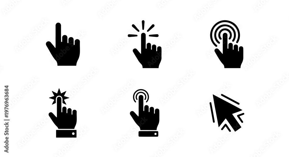 Fototapeta premium Minimalist hand cursor icons, black clicker pointers, 6 vector elements