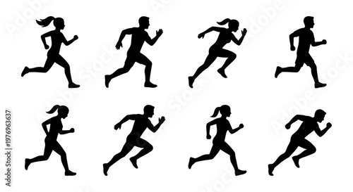 Running people silhouettes, 8 athlete vector icons, jogging man and woman
