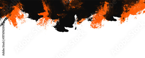Abstract black and orange grunge watercolor border texture background. The vivid dual-tone paint splatter creates an aggressive, high-impact upper edge optimized for dynamic graphic presentations.