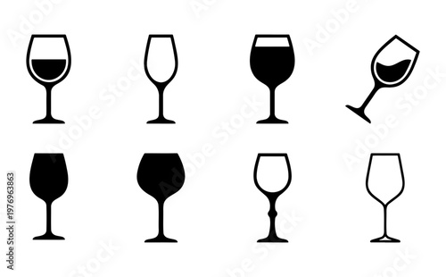 Minimalist wine glass icons, black beverage glassware vector set of 8