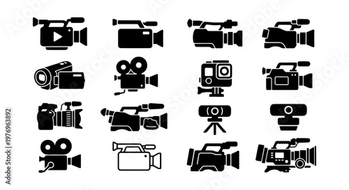 Video camera icons set, professional movie equipment, 16 vector symbols