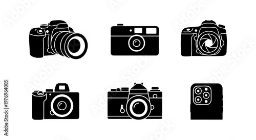 Camera icon set, black photography equipment, 6 digital camera vectors