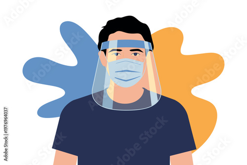 A man wearing a face mask and protective shield for safety