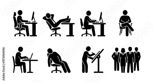 Business office stick figure icons, employee working at desk vector set