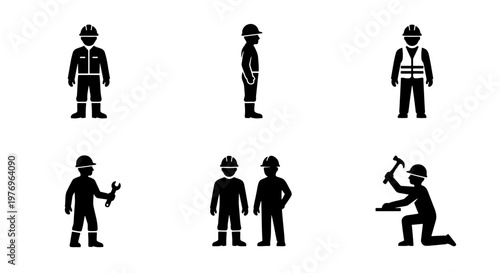Construction worker icon set, industrial builder vector silhouettes, 6 icons
