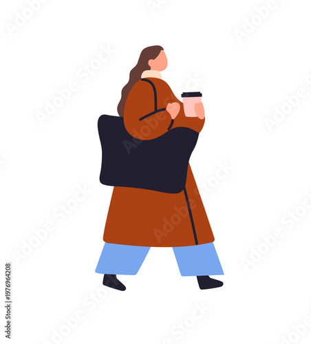 Young woman in outerwear walks with paper cup of coffee. Girl in coat strolls and holds takeaway hot drink. Person in warm clothes goes side view. Flat isolated vector illustration on white background