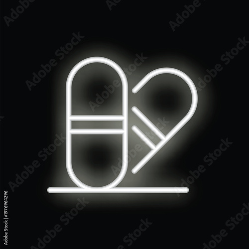 White neon sign of a medicine capsule glowing on a brick wall