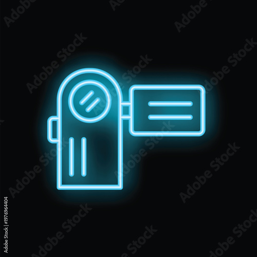 Blue neon sign depicting a video camera, potentially symbolizing filmmaking, journalism, or visual media