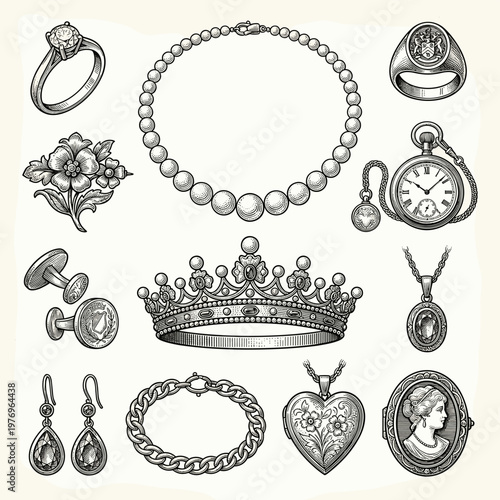 Jewelry set collection featuring diamond ring, pearl necklace, and vintage pocket watch, engraving style