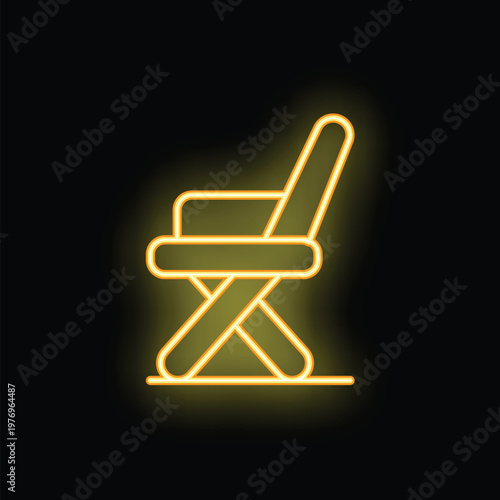 Bright neon yellow folding chair glowing on black background