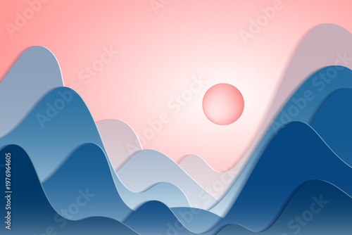 Blue mountain landscape in paper cut style with sun and pink sky. Abstract hills with blue paper layers and soft shadows. Minimalist nature vector illustration for travel banners, peaceful wallpapers,