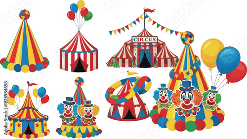 Colorful Circus Vector Set Featuring Tents, Clowns, Balloons, and Party Decorations for Fun, Event, and Entertainment Designs