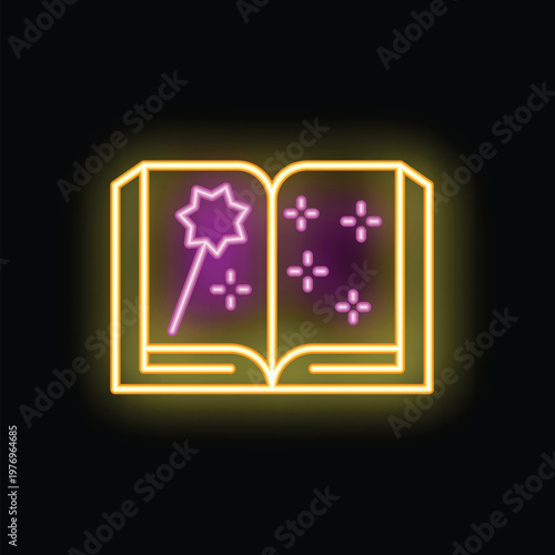 Glowing neon sign of an open book with a magic wand and stars, perfect for themes of magic, fantasy, and imagination