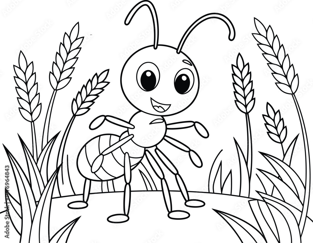 Fototapeta premium cute cartoon ant standing in wheat field, line drawing