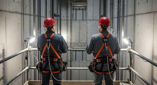 Two adult male technicians in safety harnesses inspecting an elevator shaft at a construction site
