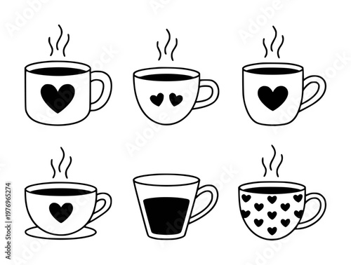 Hand drawn black and white coffee cups with steam and heart drink beverage