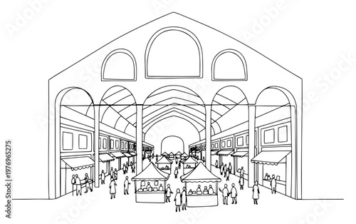 Tableau sur toile Detailed interior line art drawing of a bustling market hall with shoppers and f