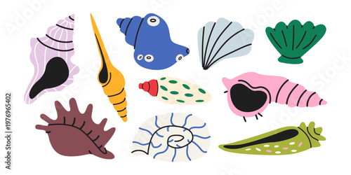Large collection of hand drawn sea shells and marine life elements. Vector illustration of various ocean treasures in a flat modern style. Isolated nautical clip art for summer designs