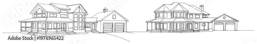 Collection of continuous line drawings featuring different views of a classic residential house