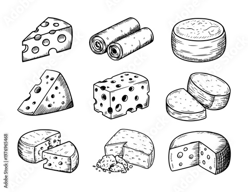 Hand Drawn Cheese Collection Various Shapes and Types Isolated White Background food