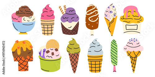 Large set of various ice cream in cartoon style. Waffle cones, cups and popsicles with different toppings. Hand drawn colorful summer dessert collection. Sweet treats vector illustration