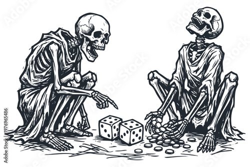 Vector illustration of two skeletons playing dice. One wins and points at the roll while the loser throws his head back in despair. Gambling concept.