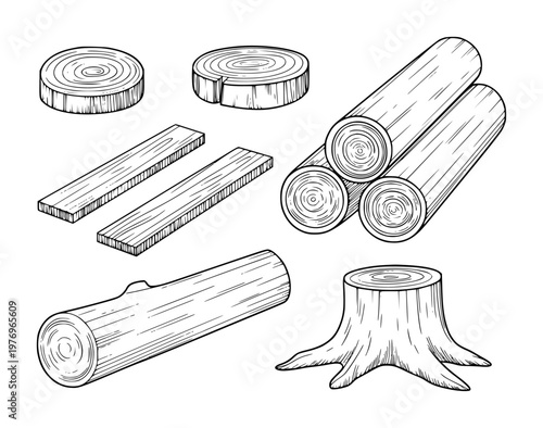 Hand drawn collection of wood including logs planks stump and tree rings timber lumber